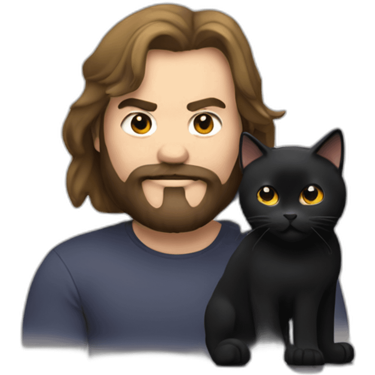 Man with long hair and black beard, Caucasian, looks like Jack Black, with a black cat in his arms emoji