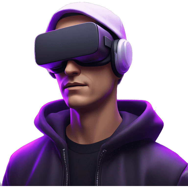 Russian man wearing a black hoodie with "OMG" letters on it and VR headset in a cyberpunk VR environment with violet neon lighting. emoji