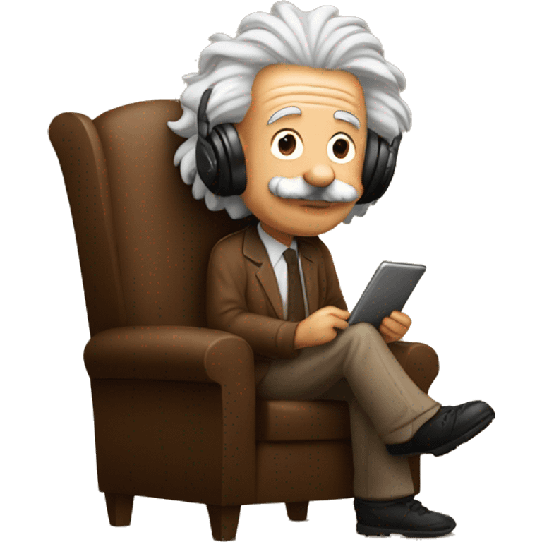 albert einstein happy listening music with just wireless headphones while sitting on the brown chair emoji