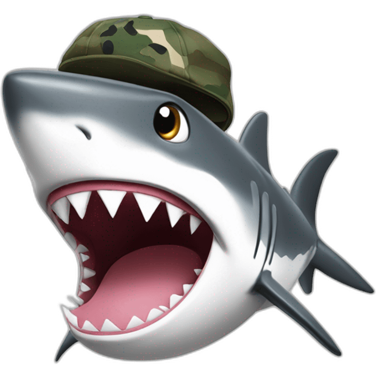 black and white countours cartoon shark standing with a camouflage cap on its head emoji