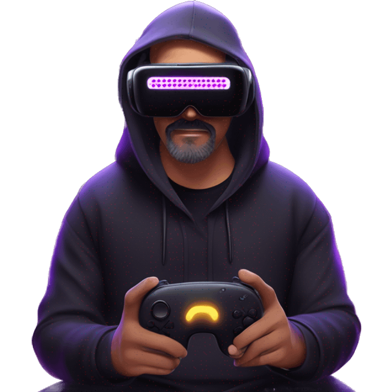 Big Lebowski wearing a black hoodie with "OMG" letters on it and VR headset oculus quest 2 in a cyberpunk VR environment with violet neon lighting. emoji