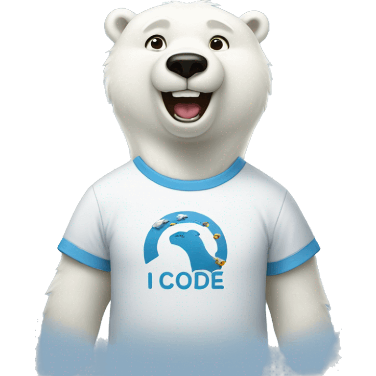 happy polar bear wearing "i code" t-shirt emoji