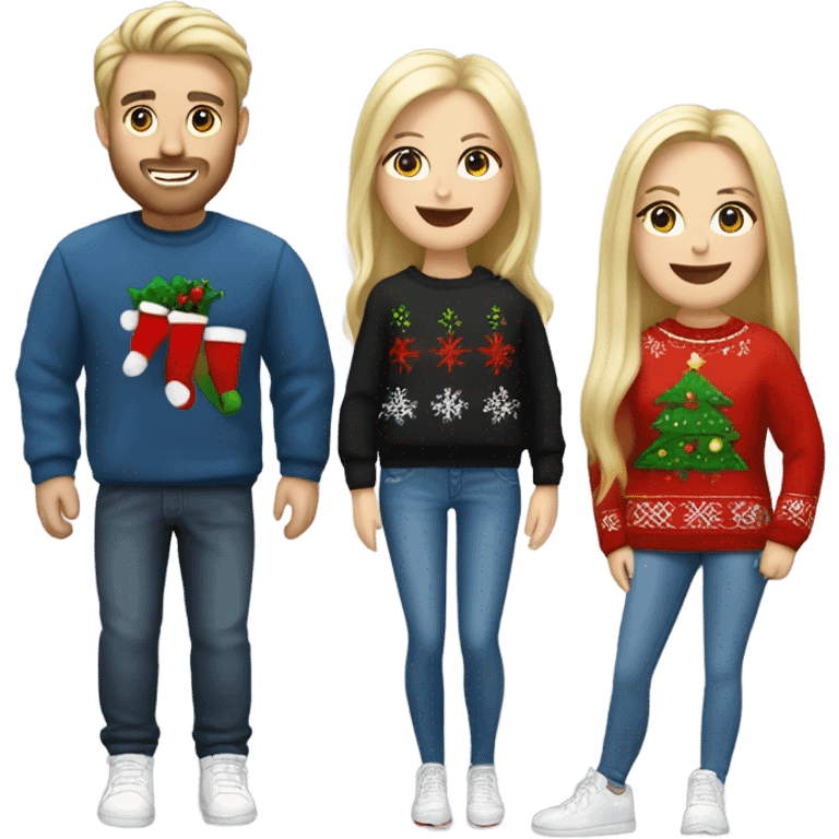 White couple,man with blach hair, blonde hair woman, with christmas jumper and jeans and sneaker emoji