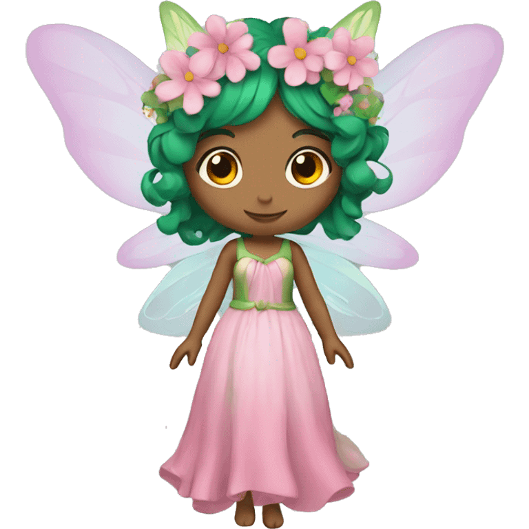 A fairy, green hair, wings, pink dress with flowers  emoji