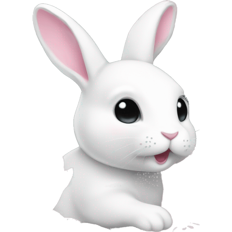 cute white bunny holding light pink peonies emoji