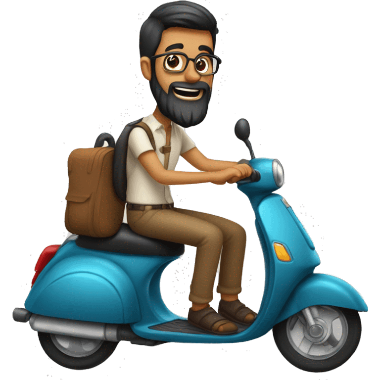 Two riding a scooter one indian male with a point beard wearing glasses a trouser shirt girl with glasses indian wearing trousers and blouse  emoji