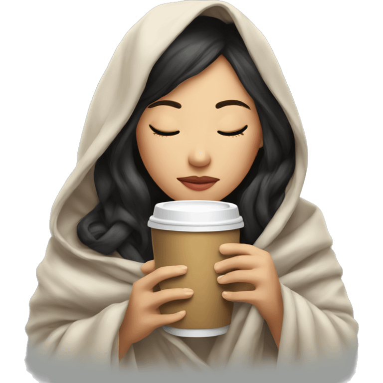 asian girl inside a blanket sipping coffee eyes closed emoji