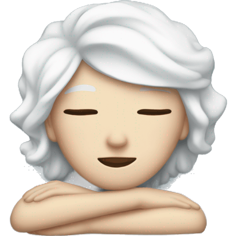 white female with white hair with a blue bow asleep on a blue/white bed emoji