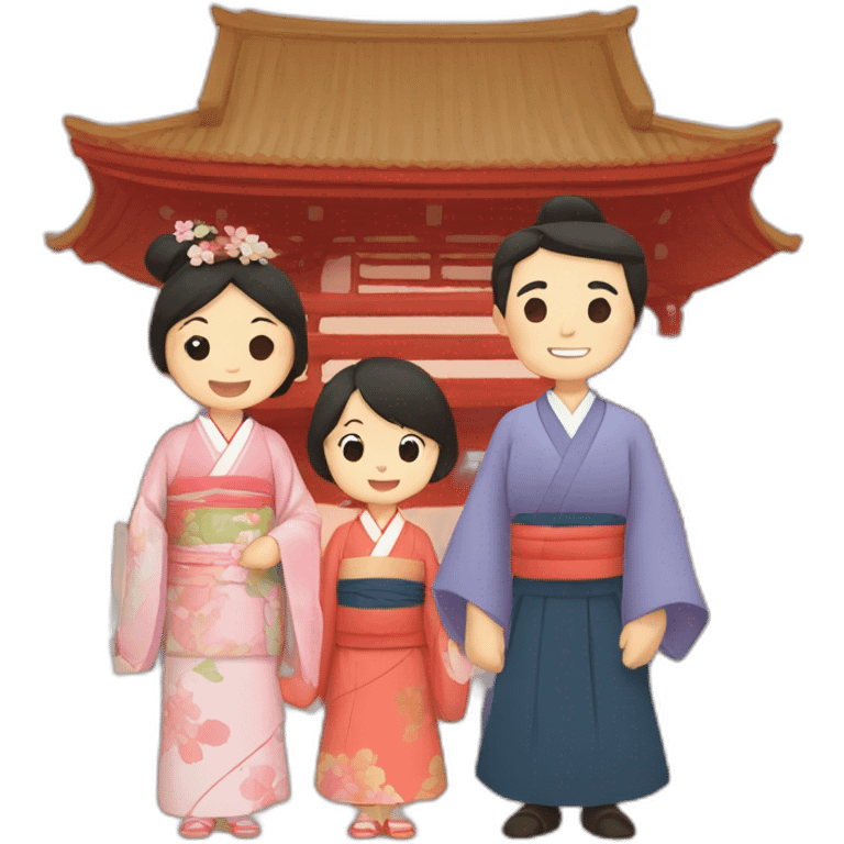 father, mother, and two kids with kimono in a temple emoji