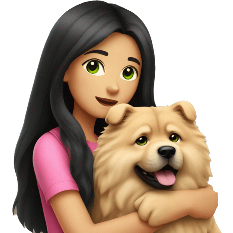 girl with very long black hair and green eyes and pink outfit hugging a beige fluffy cute chow chow dog emoji