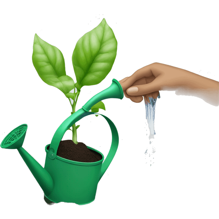 a hand holding a watering can and water falling on the earth ground, with a seed growing thanks to the water emoji