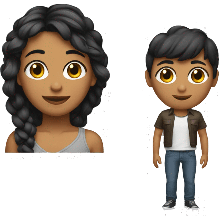 Una chica con pelo negro corto y un chico con chompa ploma emoji