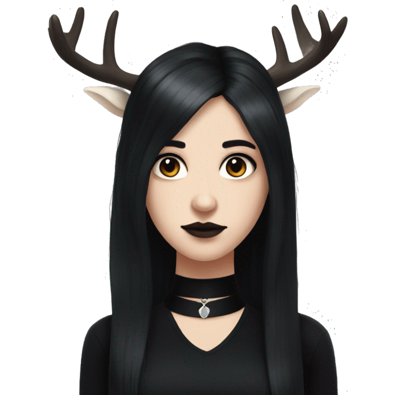 Portrait. Goth, deer girl. Wearing a black sleeveless dress with a choker. She has White antlers and deer ears. Long Black hair emoji