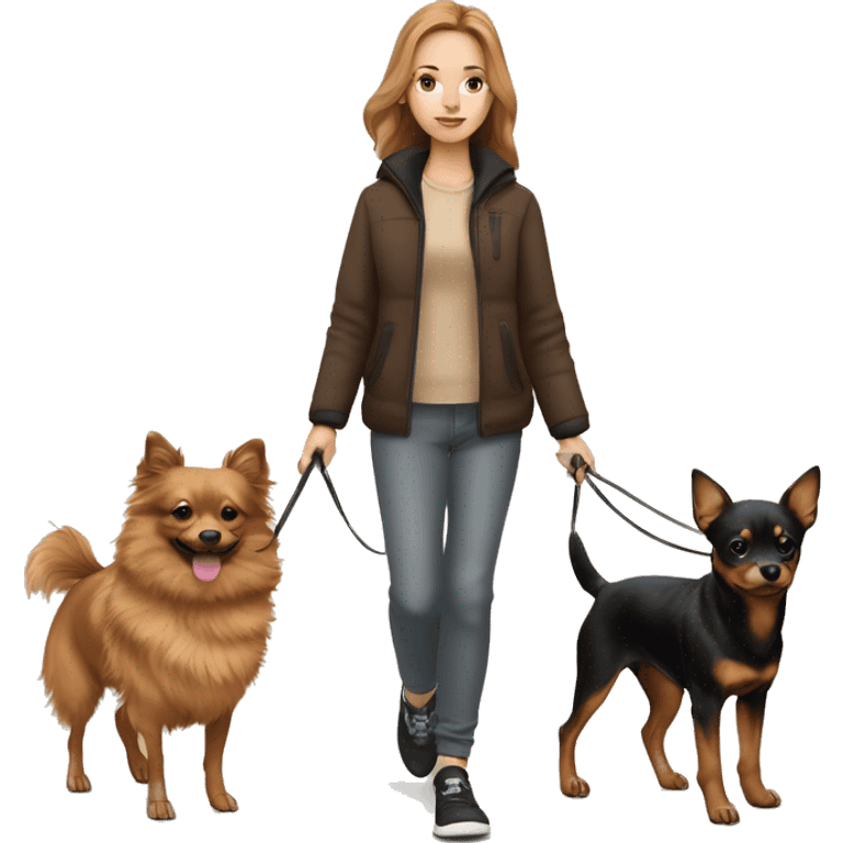 A light brown haired girl, walking one mini black and tan miniature Pinscher and one very big, fluffy & light brown Spitz on the lead emoji