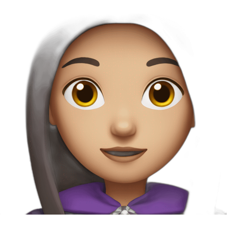 a young white brown thin girl with straight dark hair dressed as a purple witch emoji