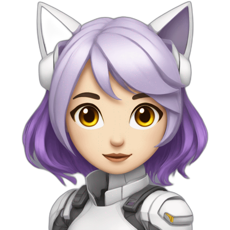 Anime mech pilot girl with short straight purple hair grey eyes white pilot suit and cat ears emoji