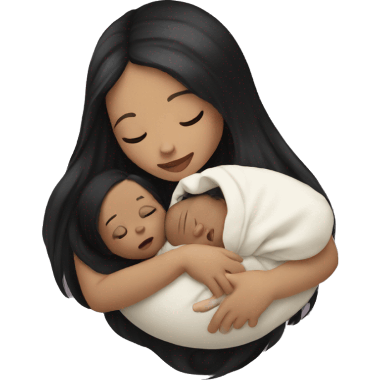 Pale girl with long black hair is holding a newborn baby emoji