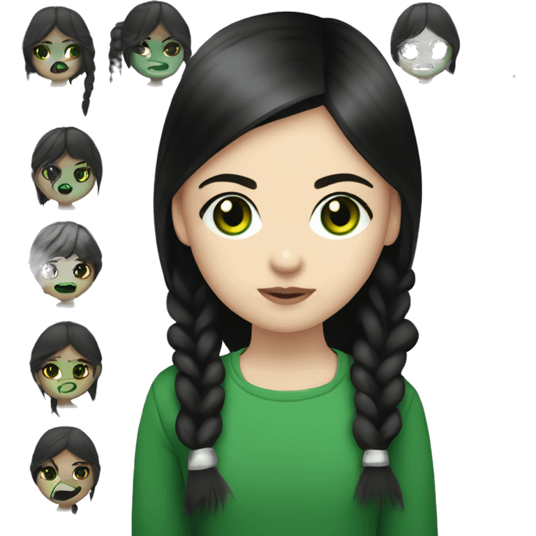 Bolivian girl, green eyes with large pupils, kinda emo, eye liner, mascara, pale skin, dark dark black brown hair in pigtails.  emoji