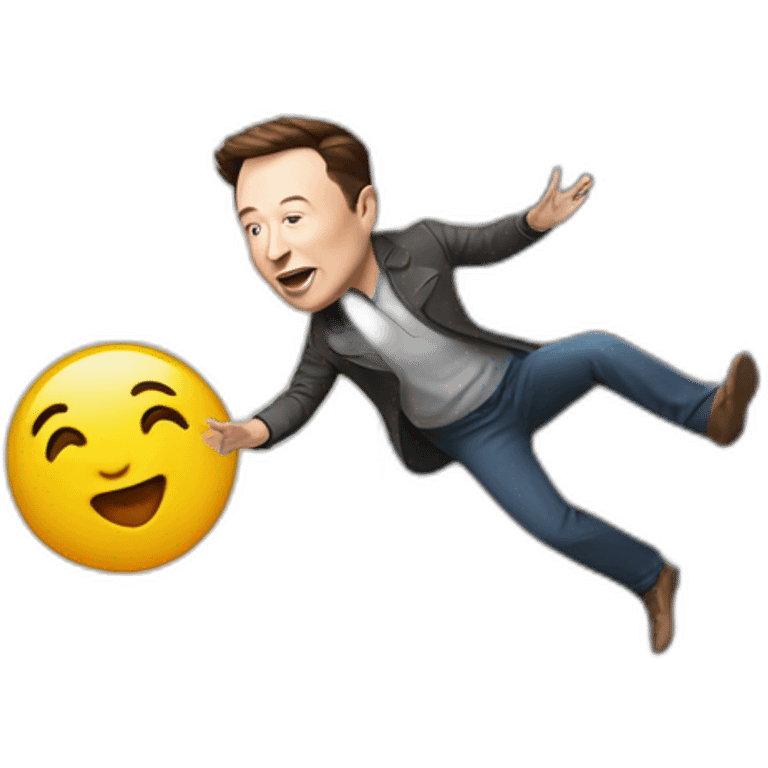 Elon Musk jumping off a cliff while trying to catch a blue bird emoji