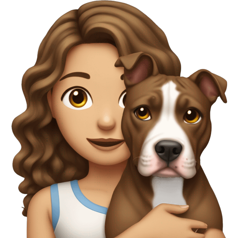 Girl with long wavy brunette hair with a pit bull in her arms emoji