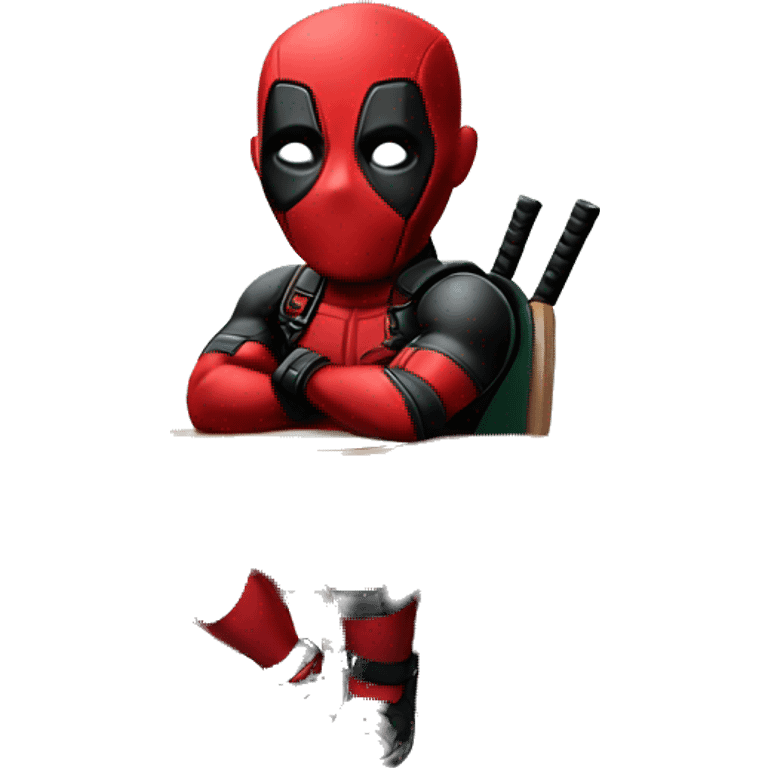 Cute Deadpool sitting at a desk, front view emoji