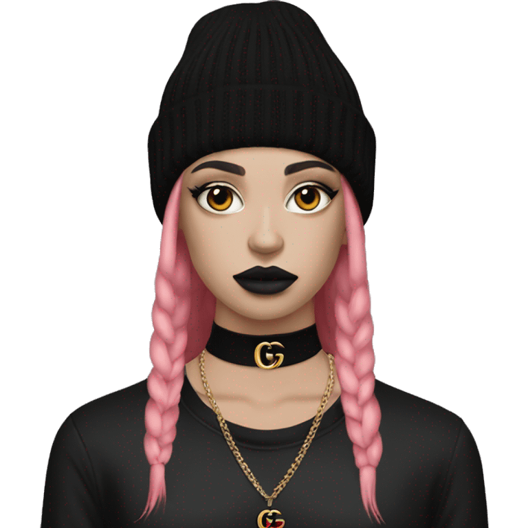 Goth model with gucci beanie emoji