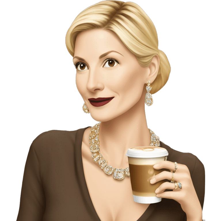 Kelly Rutherford with jewellery wearing drinking cappucino looking hot emoji