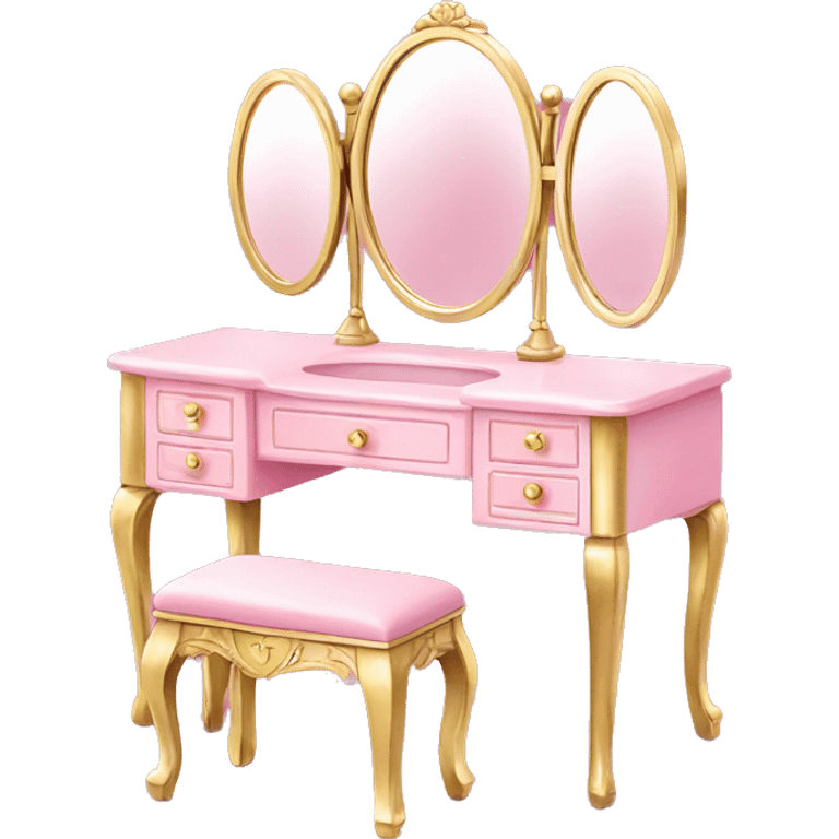 pink vanity, gold trim, heart shaped mirror emoji