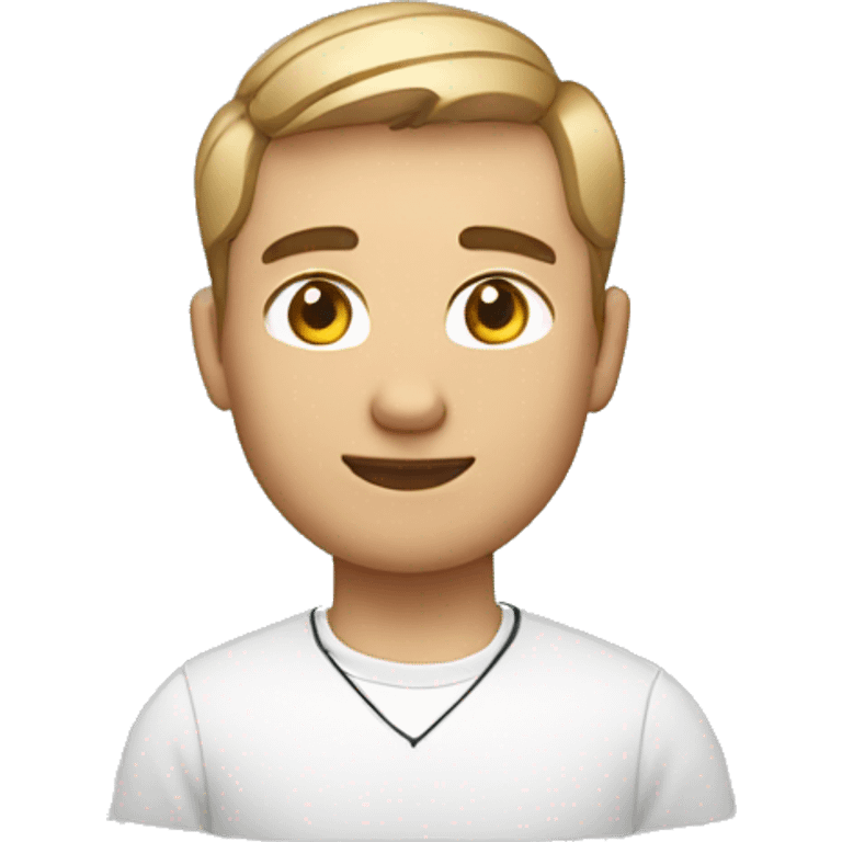 developer with a MacBook and AirPods with white shirt and short hair emoji