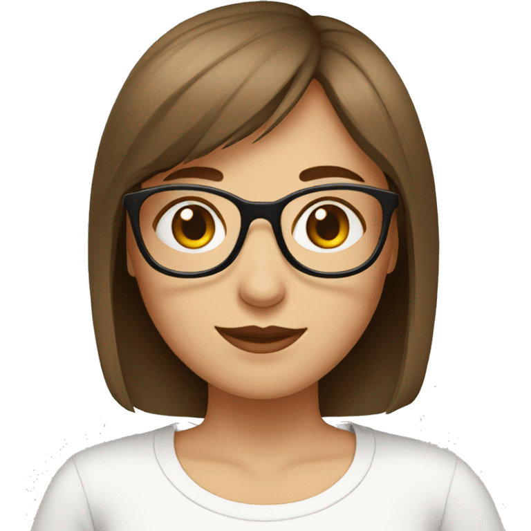 short brown haired girl with flat bangs wearing glasses and wearing a white t-shirt emoji