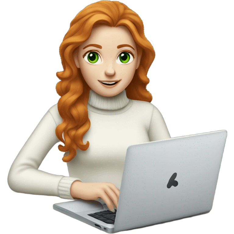 ginger girl with wavy long hair and green eyes in turtle neck white sweater working on a laptop emoji