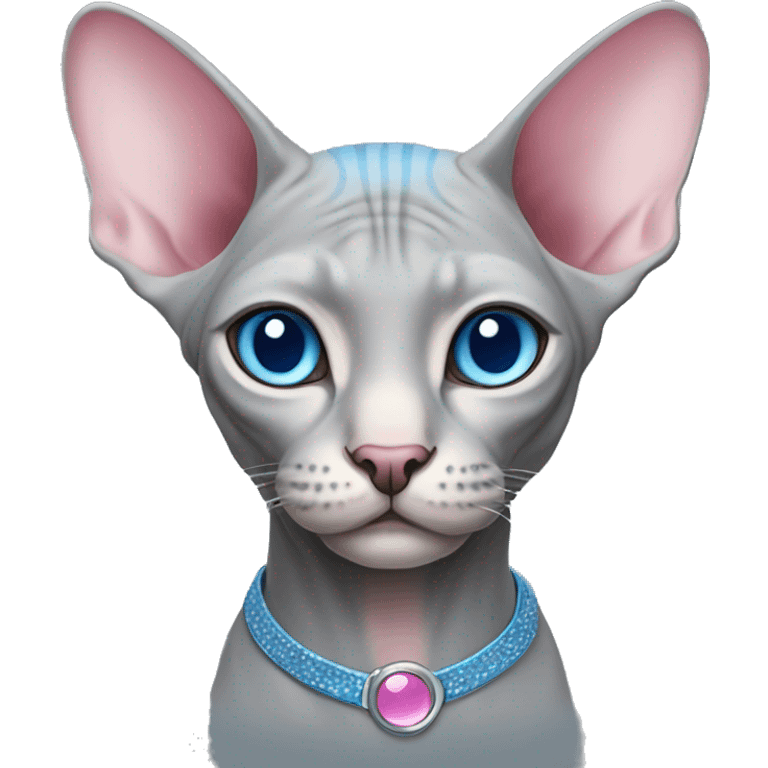 Grey with pink sphynx cat and blue eyes emoji