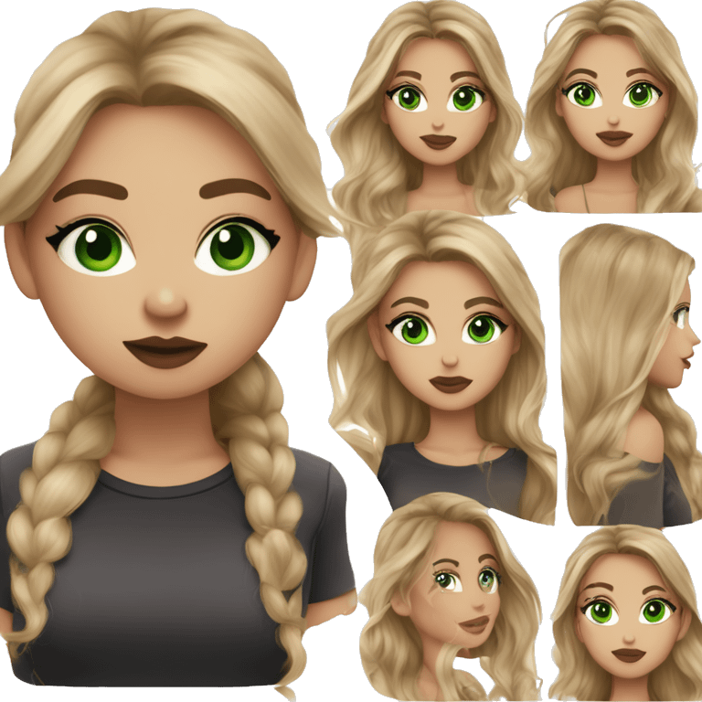 dark blonde balayage girl green eyes long hair mauve lips rosy cheeks black shirt emoji