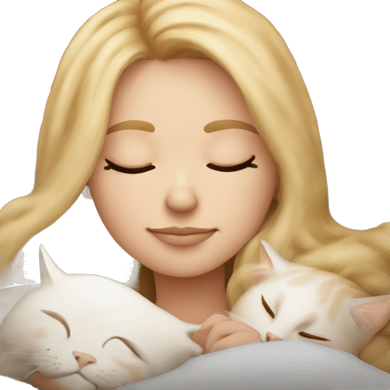 Pretty blonde girl sleeping with her beige main coon cat on pillow emoji