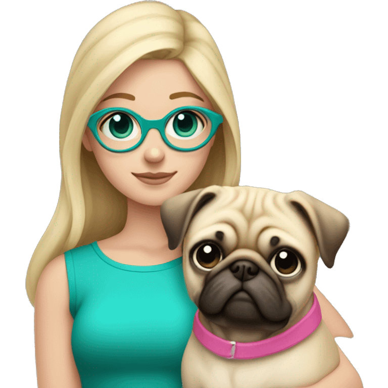 Blond haired Girl with teal eyes with pink glasses and pink shirt holding a pug  emoji