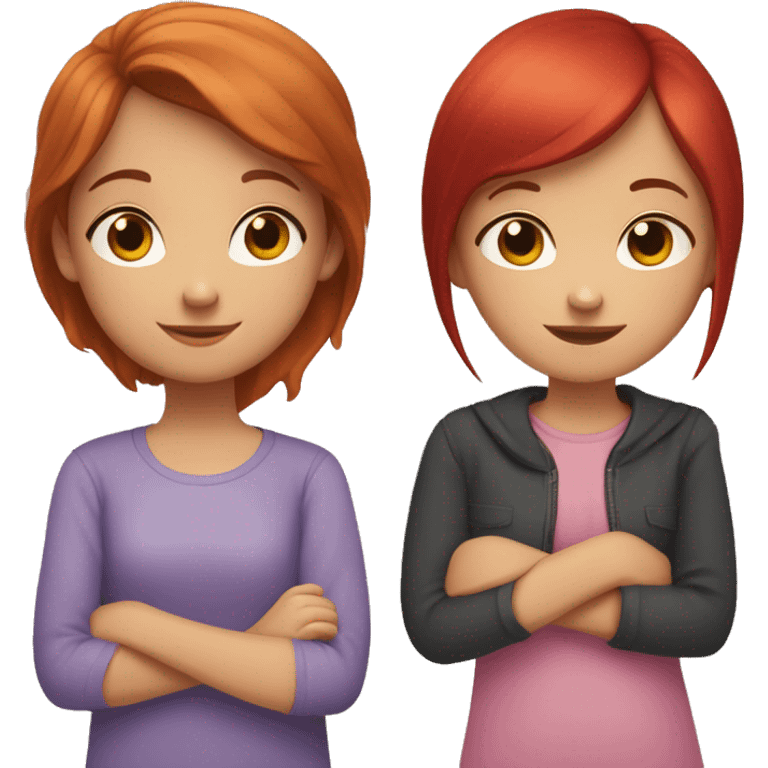 little sister with red hair and older sister with straight dark brown hair hugging each other   emoji