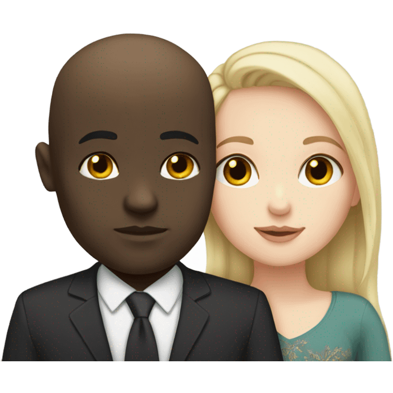 White girl dark hair kissing bald black man emoji