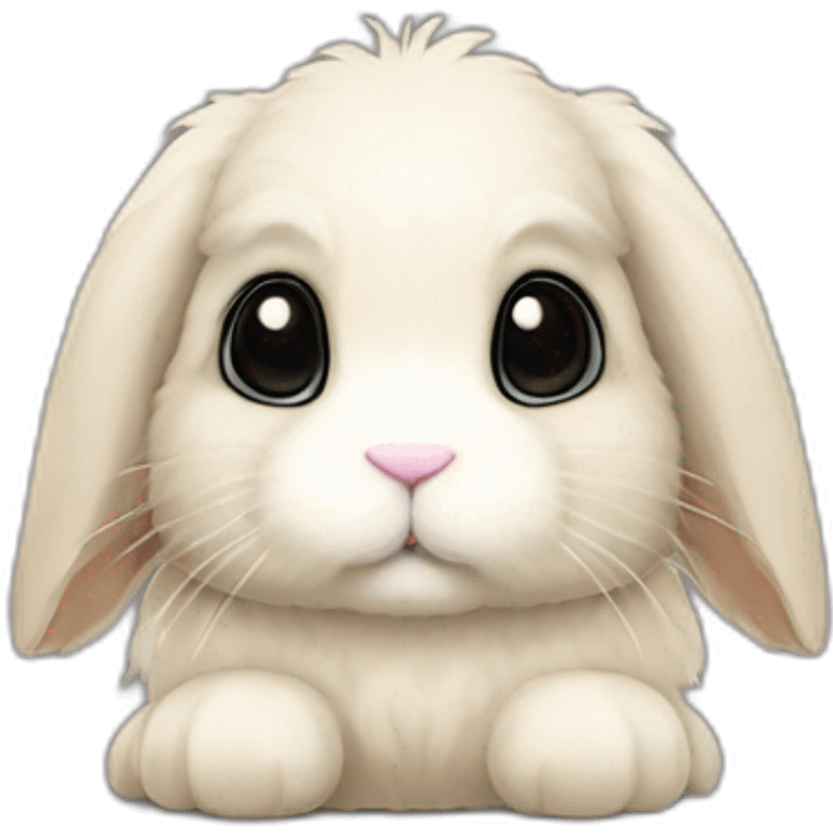 Fuzzy lop bunny with beige patches on the ears and back. He has a black patch on his eyes, between his eyes and on the right side of his nose. He is the hero of a profile called Pampuchowo. emoji