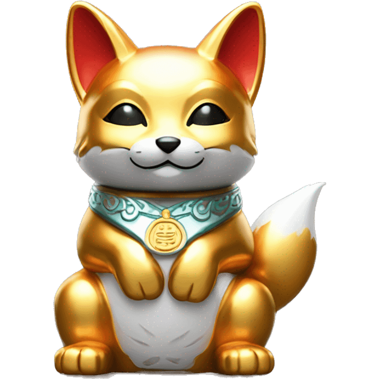 fully chrome fox statue in the form of maneki neko emoji