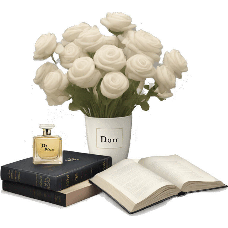 aesthetic dior book with flower vase and neutral flowers on top emoji