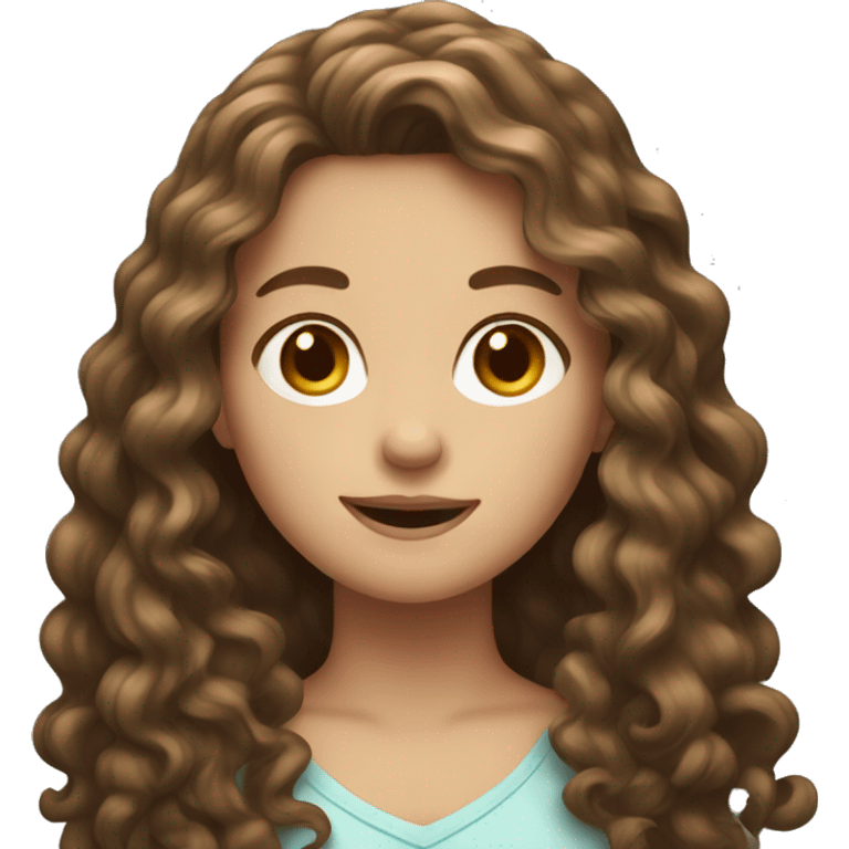 Emoji of a light brunette girl with long curly brown hair emoji