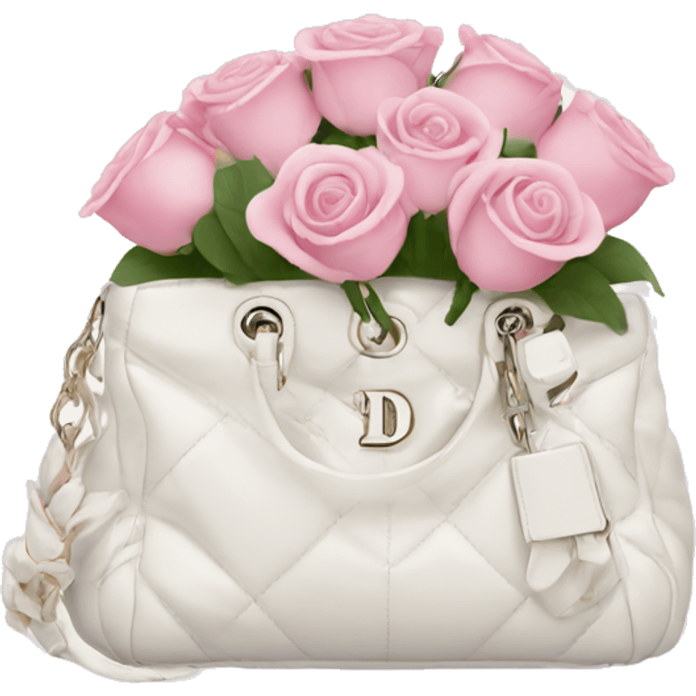 white dior bag with pink roses bouquet emoji