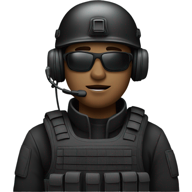 Military operator dressed in black with a helmet wearing a headset, ready to respond to alerts emoji