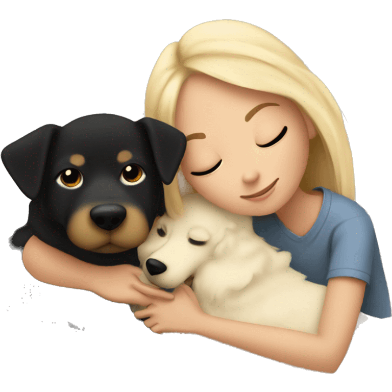 blond girl cuddling in bed with black and tan colored dog and cozy blankets emoji