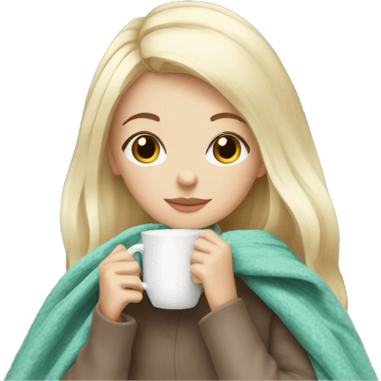 White blonde Girl drinking tea with blanket on emoji