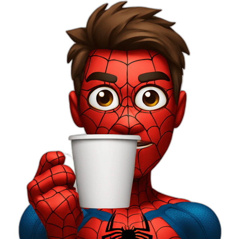 Spiderman holding a coffee cup and look tired emoji