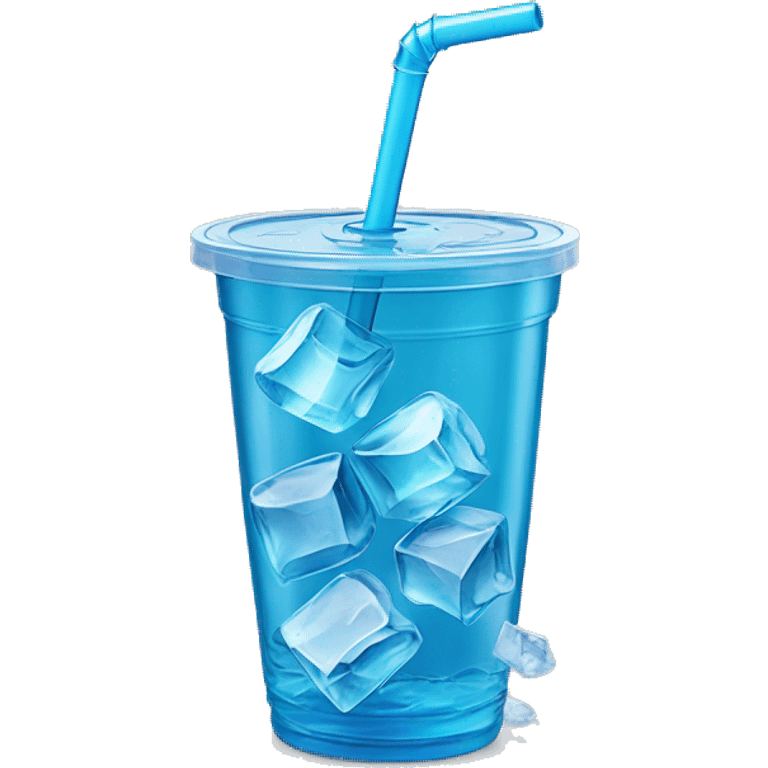 Realistic plastic cup and lid with Transluscent blue soda and large ice cubes inside and one straw through the top of the lid. emoji