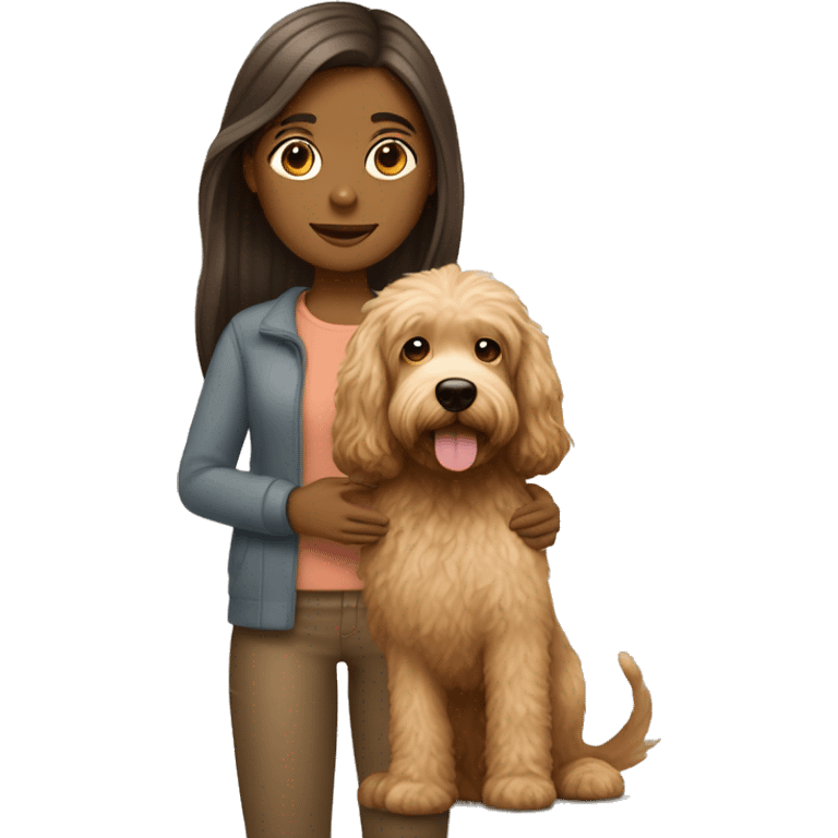 tan girl with long straight hair holding tan labradoodle emoji