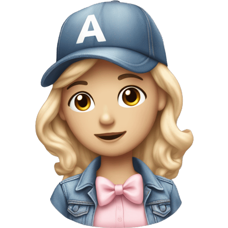 A white beautiful girl wearing denim baseball cap and a soft pink bow tie emoji