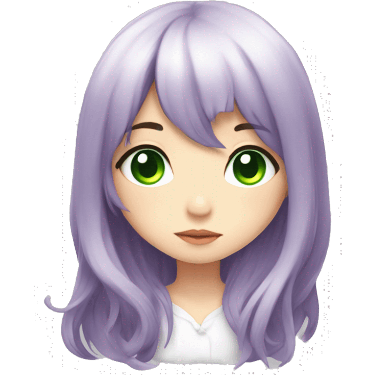 Purple long Haired women,the bangs goes up, white blouse,  green eyes, anime, chibi emoji